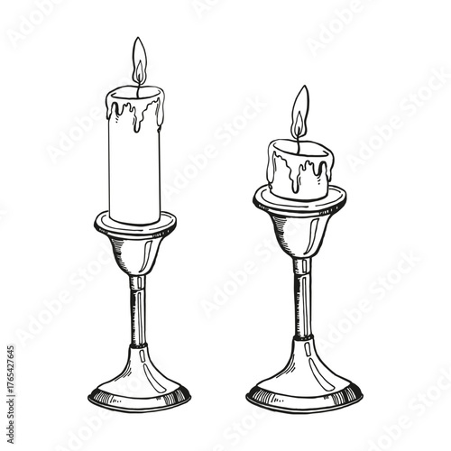 vector burning candles in antique candlestick with fire, two candles, black and white illustration of science, mystic theme, for cozy interior, hand drawn sketch for fairy tale, Christmas decoration