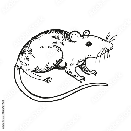 vector standing cartoon rat with a long tail, hand drawn black and white illustration of rodent, animal theme in monochrome, engraving ink sketch for fairy tale, fauna pictures, fairy tale