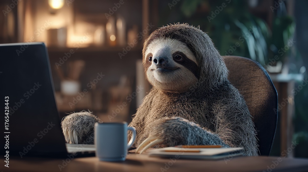 Obraz premium Sloth sitting at desk, working on laptop in office, drinking coffee