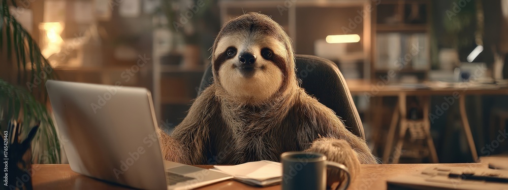 Naklejka premium Sloth sitting at desk, working on laptop in office, drinking coffee