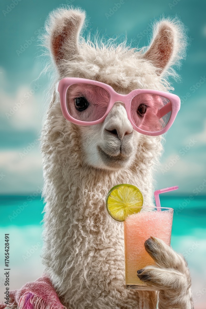 Fototapeta premium Llama in pink sunglasses with a tropical cocktail on the beach: summer vacation