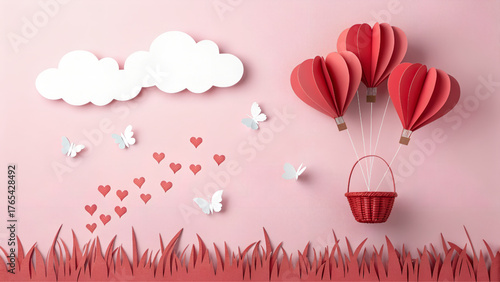 Paper art hot air balloons shaped like hearts flying among clouds and butterflies