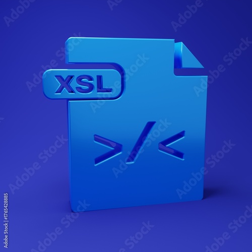 Blue XSL file document. Download xsl button icon isolated on blue background. Excel file symbol. Minimalism concept. 3D render illustration