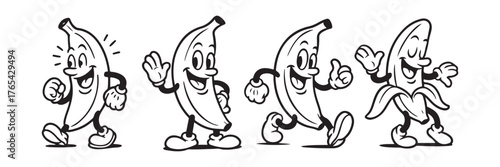 Cheerful banana characters dancing and waving, perfect for vibrant fruit-themed designs or playful health campaigns, adding a touch of fun and whimsy