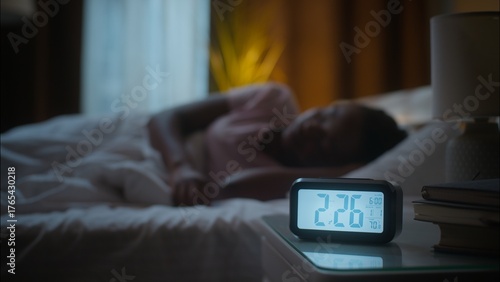 African American ethnic female girl woman lying in bed can't sleep uncomfortable suffering insomnia struggle sleeping napping nap dreaming nighttime clock alarm sleepless late night at home bedroom