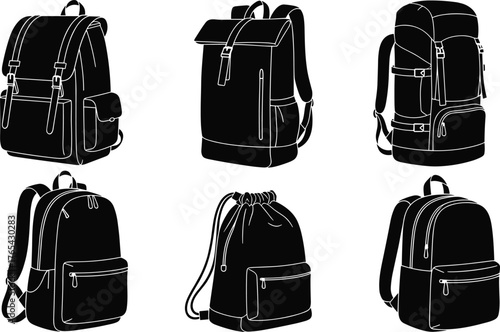 Backpack silhouettes, flap closure, drawstring style, zippered compartments, school bags, travel gear, black icons, utility shapes, fashion design
