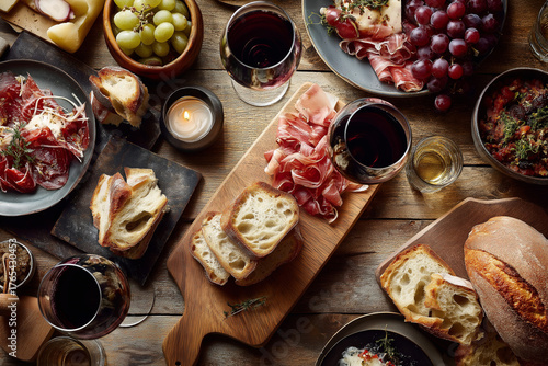 Top view dining with red wine glasses and grape, cheese and cracker platter