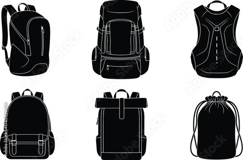 Backpack silhouettes, modern gear, school bags, hiking packs, roll-top design, drawstring style, black icons, travel accessories, utility shapes