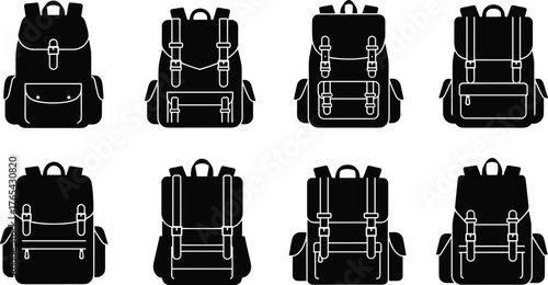 Backpack silhouettes, travel gear, school bags, flap pockets, buckle straps, zipper closures, black icons, utility shapes, accessory design