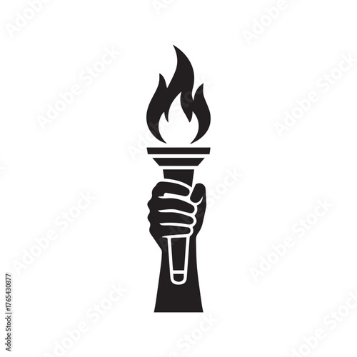 Hand Holding Flaming Torch Glyph Icon. A powerful symbol of liberty, freedom, revolution, victory, and knowledge. Vector logo for sports, leadership, and hope.
