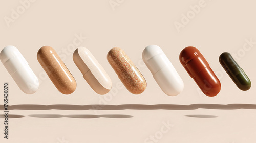 Row of levitating capsules — creative composition for supplement advertising and pharma aesthetics.