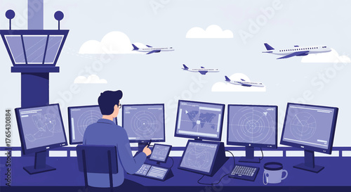 Air traffic controller working at a desk with multiple screens and computers overlooking an airport runway with planes flying by