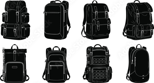 Backpack silhouettes, travel gear, school bags, rugged design, minimalist style, multi-pocket layout, buckle straps, black icons, utility shapes