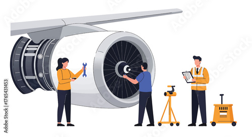 Illustration of three technicians inspecting and maintaining an airplane engine with various tools on a plain white background.