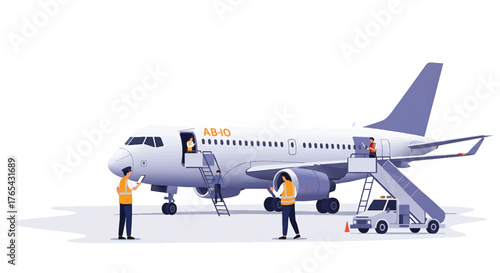 Illustration of airport ground crew servicing an airplane with a catering truck and stairs on a plain background.