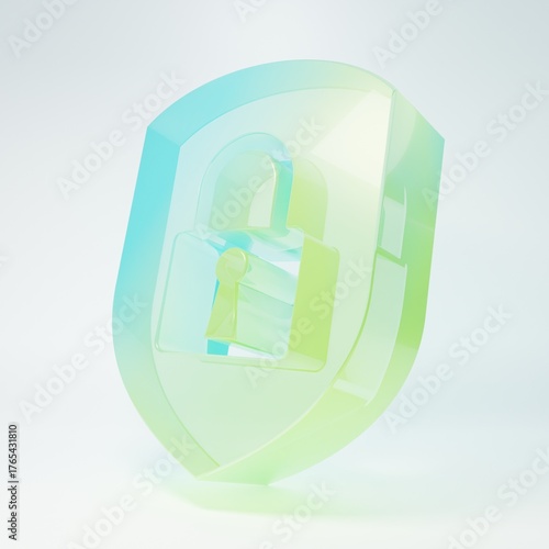 Frosted glass Shield security with lock icon isolated on white background. Protection, safety, password security. Firewall access privacy sign. Minimalism concept. 3D render illustration