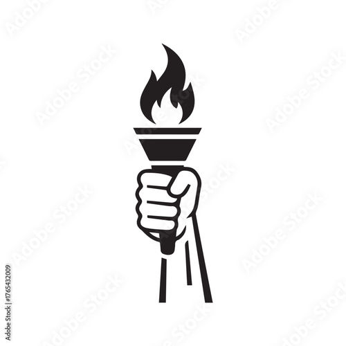 Hand Holding Flaming Torch Glyph Icon. A powerful symbol of liberty, freedom, revolution, victory, and knowledge. Vector logo for sports, leadership, and hope.
