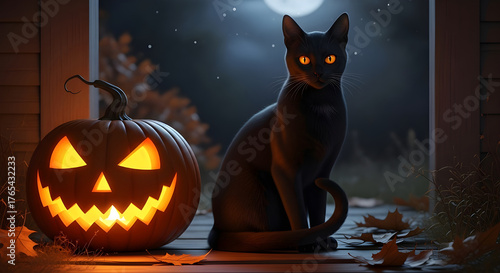 A black cat sits next to a lit jack-o'-lantern pumpkin in a mysterious Halloween night. 