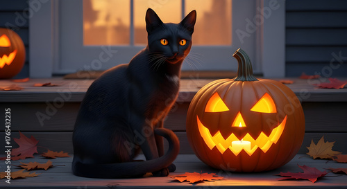 A black cat sits on the porch with a spooky pumpkin in front of the house, creating a classic Halloween atmosphere. 