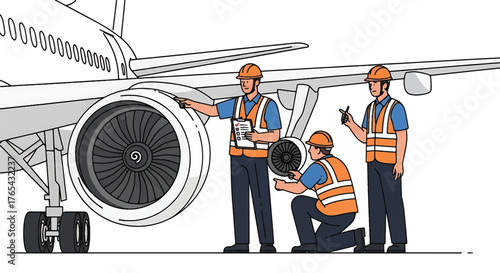 Three aviation technicians inspecting an airplane engine with tools on a white background.