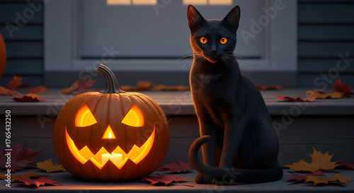 A black cat with a Halloween house and pumpkins glowing in the evening, creating a warm yet mystical atmosphere. 
