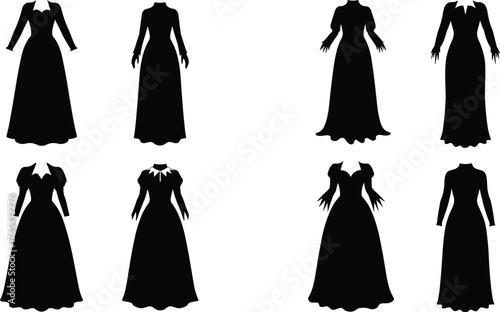 Fashion dress silhouettes, vintage styles, elegant gowns, costume design, black shapes, neckline variations, sleeve styles, skirt cuts, apparel icons