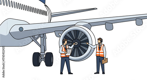 Two mechanics in orange vests inspecting an airplane engine on a white background.