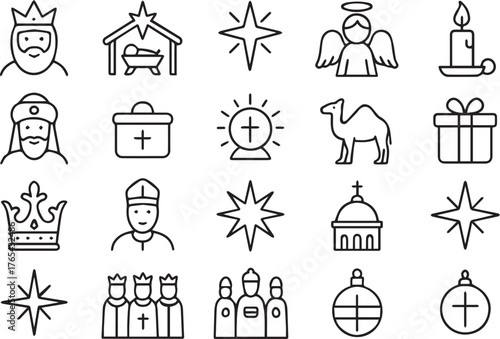 Minimal Epiphany line art icons set featuring Three Kings, nativity, star, angel, candle, and gifts