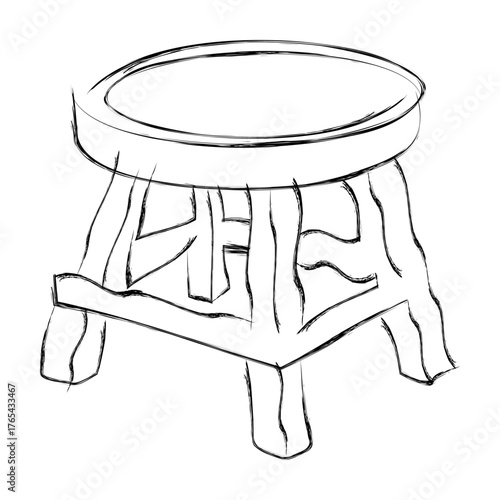 Hand-Drawn wobbly stool in pencil sketch, hand made furniture scribbles drawing.