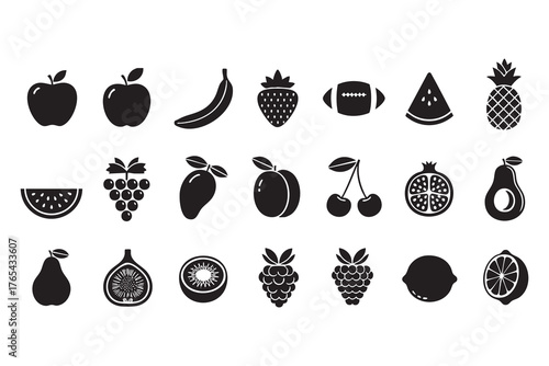 Collection of black fruit icons including apples banana strawberry watermelon pineapple grapes mango cherries pomegranate avocado fig kiwi raspberries lemon