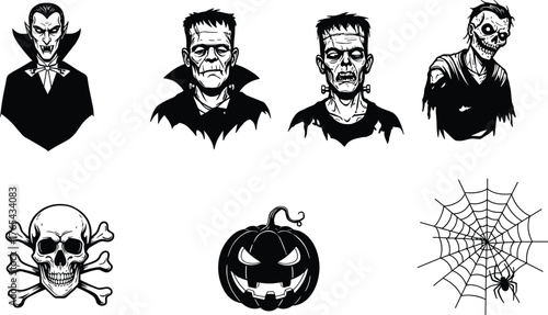 Halloween illustrations, vampire, Frankenstein, zombie, skull, pumpkin, spider, spooky icons, black and white style, horror theme, eerie vibe