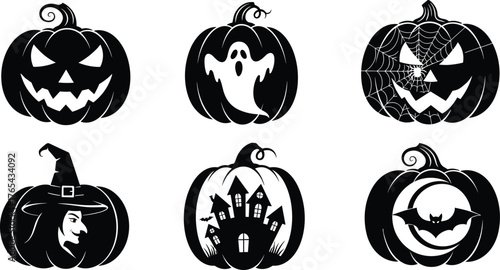 Halloween pumpkin carvings, ghost design, witch silhouette, haunted house, bat and moon, spider web, spooky icons, festive theme, eerie vibe