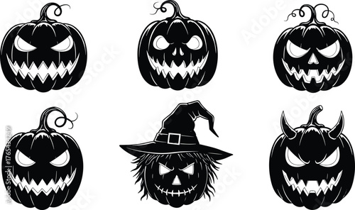 Halloween pumpkin silhouettes, spooky jack-o'-lantern faces, devil horns, witch hat, creepy grin, scary eyes, festive icons, black shapes, eerie vibe