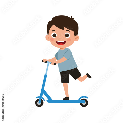 Smiling cartoon boy with brown hair riding a blue kick scooter Cheerful child in casual clothes having fun outdoors.