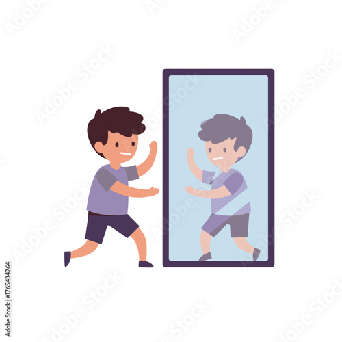 Smiling cartoon boy with dark hair and purple shirt looking at his reflection in a framed mirror.