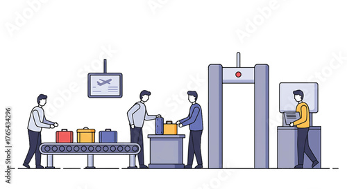 Flat illustration of airport security personnel inspecting luggage on a conveyor belt with a metal detector.