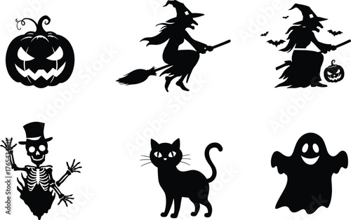 Halloween silhouettes, flying witch, spooky skeleton, ghost figure, black cat, jack-o'-lantern face, festive icons, eerie vibe, horror theme, cartoon style