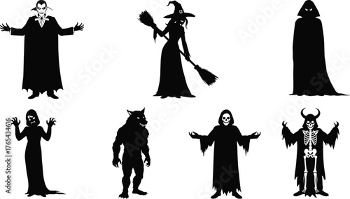 Halloween silhouettes, vampire, witch, reaper, werewolf, skeleton demon, spooky characters, horror theme, black shapes, eerie vibe, creepy icons, festive design