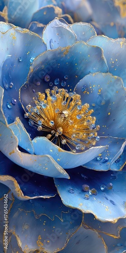 Blue bloom, golden stamen, and water droplets