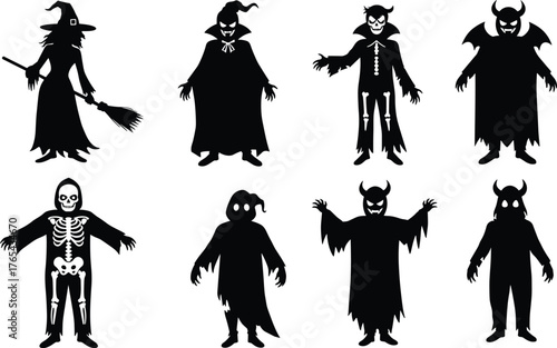 Halloween silhouettes, witch, vampire, ghost, skeleton, horned monster, spooky icons, horror theme, black shapes, eerie vibe, festive design