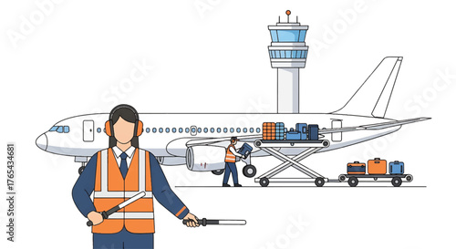 Illustration of an airport ground crew member wearing an orange safety vest and headset standing in front of a white airplane with a control tower in