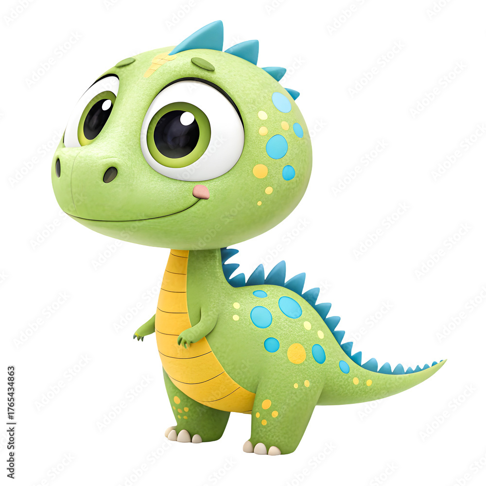 Fototapeta premium Adorable cartoon baby dinosaur with big eyes and colorful spots isolated on transparent background