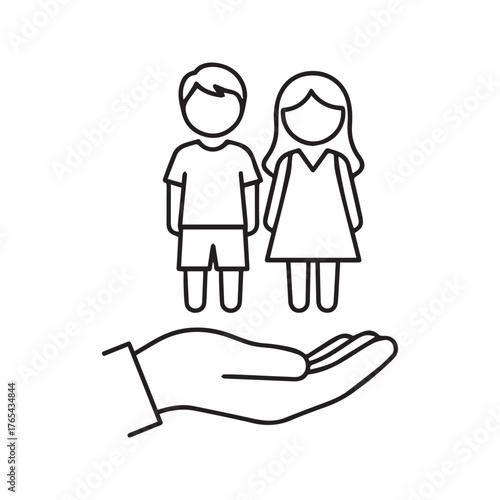 Children care linear icon. Boy and girl on a supportive hand. Thin line symbol for child protection, welfare, adoption, and social services.
