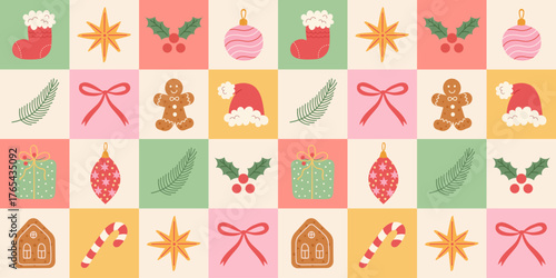 Christmas cute vintage seamless pattern. Modern Xmas mosaic background with hand drawn  Christmas holiday elements, red bow, holly, socks, gingerbread, candy cane, star, baubles. Vector illustration.