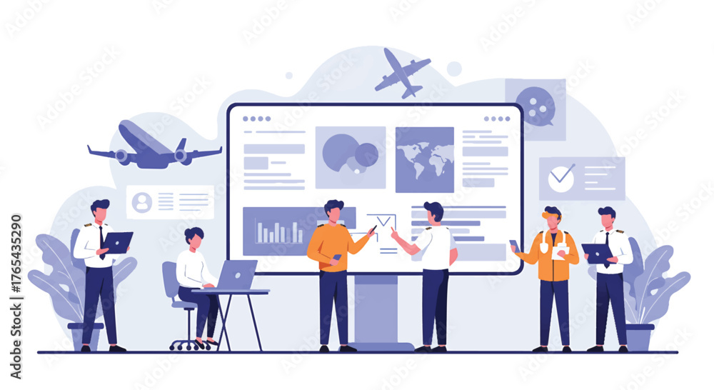 Obraz premium Illustration of a team collaborating around a large presentation screen with various graphics and an airplane flying overhead.