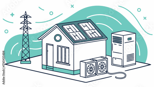 Clean energy home illustration featuring solar panels and an electricity pylon, representing sustainable living and future technology solutions for eco conscious families