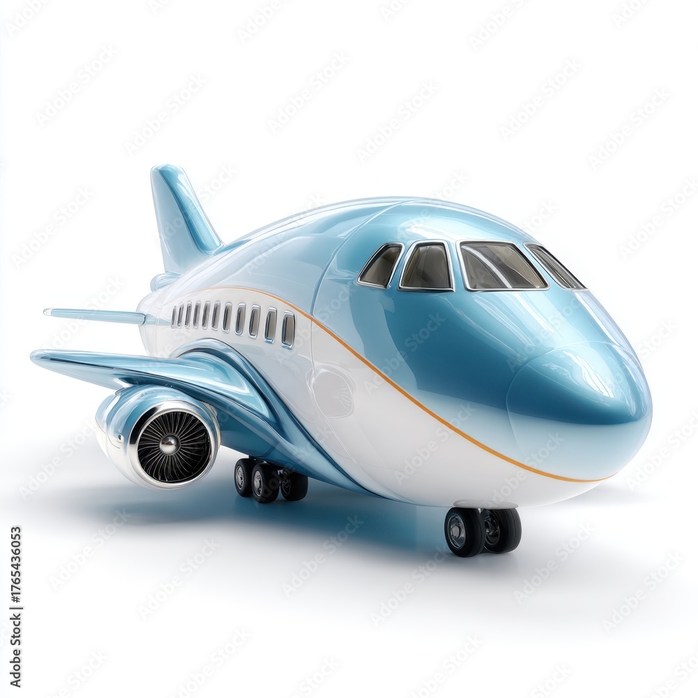 Fototapeta premium Sleek modern passenger airplane with blue and white fuselage detailed engine and landing gear