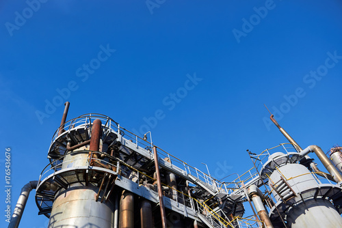 Old petrochemical towers and reactors under blue evening sky background at chemical plant. Exterior of silver metal rusty chemical enterprise with copy space.