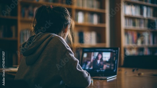 Young person watching laptop screen in library educational online learning concept