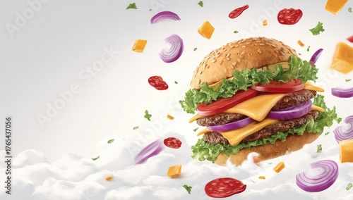 Burger flying, ingredients around it. Tasty!